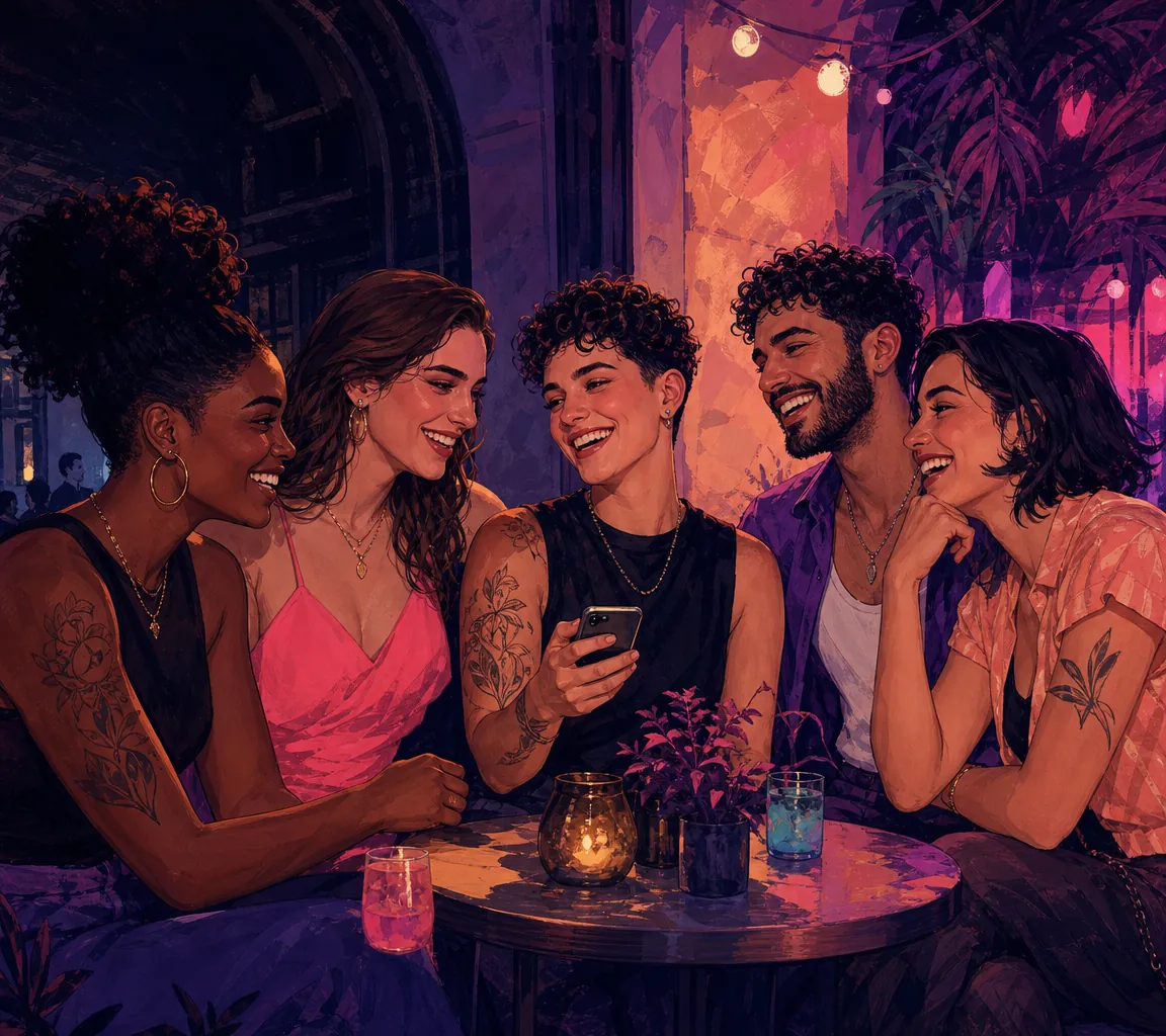 Ilustração de pessoas LGBTQIA+ adultas conversando e sorrindo em um café